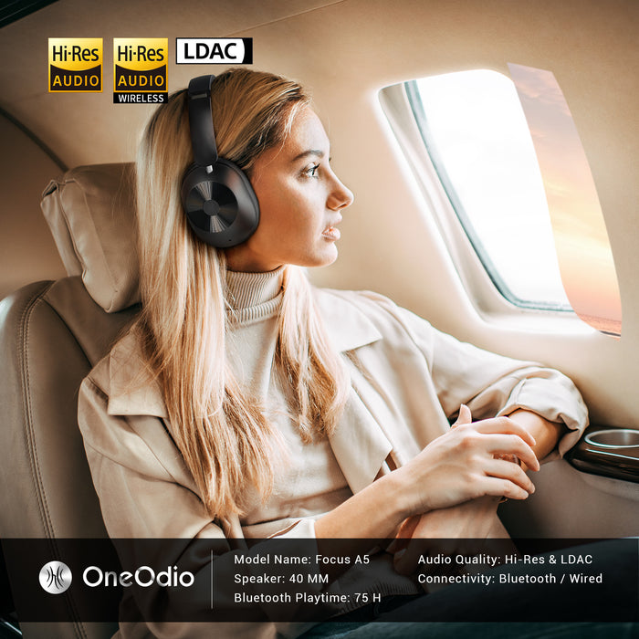 Focus A5 ANC Noise Cancelling Koptelefoon van Oneodio - Bluetooth 5.4 Draadloze Koptelefoon met -45dB Hybride Actieve Ruisonderdrukking Over-Ear Headset, ENC Microfoon, Hi-Res LDAC - Perfect voor Geluidsreductiebehoeften in Hoogwaardige Audio-ervaringen