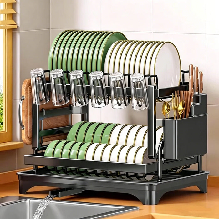 2-Tier Countertop Dish Drying Rack with Drainboard — Carbon Steel (42 x 30 x 29cm)