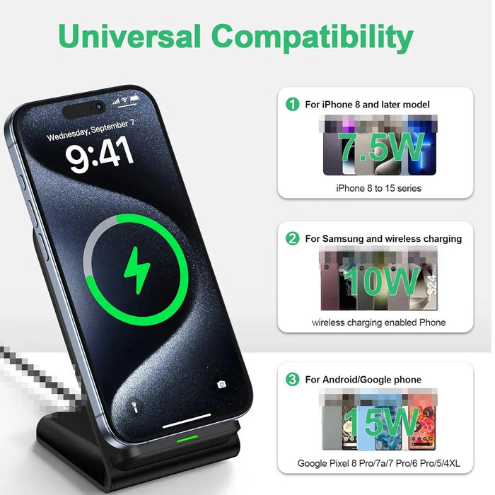 Fast Wireless Charging Stand — 30W Qi Charger for iPhone 12–17 Pro Max, Samsung S21–S24 & Xiaomi
