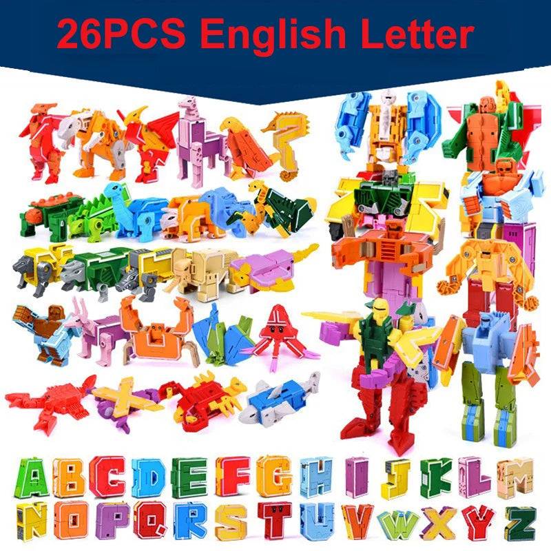 GUDI 26-piece A–Z Transforming Alphabet Robot & Dinosaur Building Block Toys