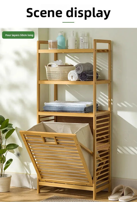 Adjustable Bamboo Laundry Hamper & Bathroom Rack with Pull-Out Shelves