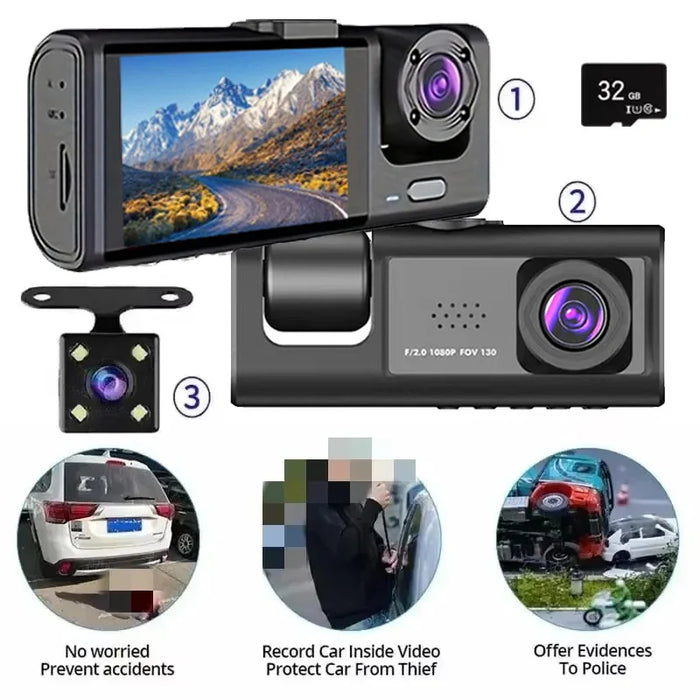 Dash Cam 1080p Full HD with IR Night Vision, 2-inch IPS Screen — 2- or 3-Camera DVR