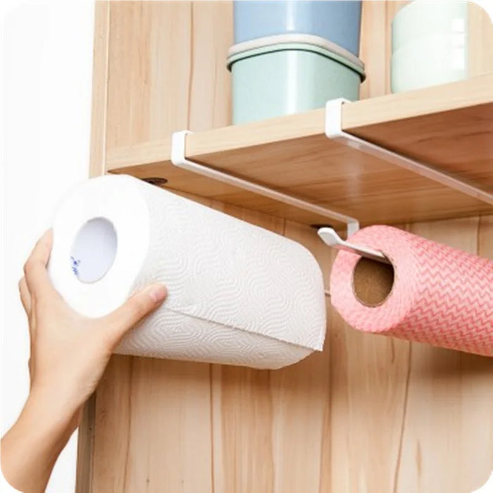 Punch-Free Over-Cupboard Paper Towel & Toilet Roll Holder – Hanging Kitchen Rack (Black/White)