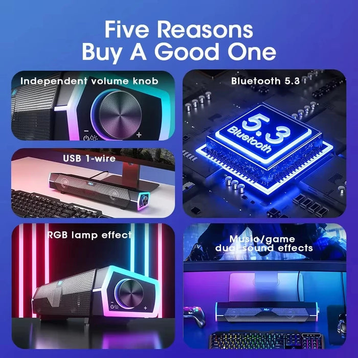Bluetooth 5.0 & Wired USB Soundbar — 4D Surround Stereo with Subwoofer for Laptop PC