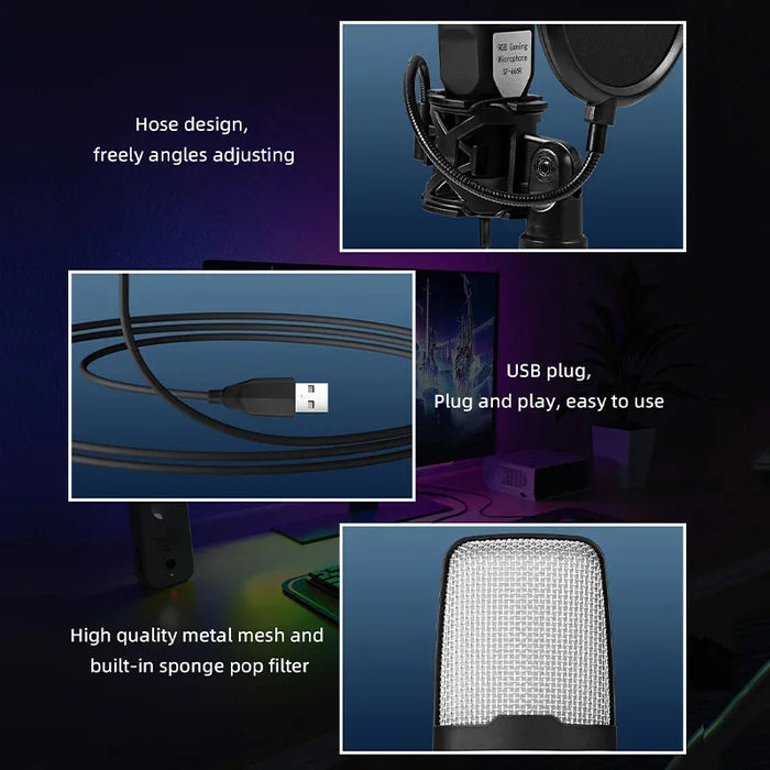 USB Condenser Microphone with RGB Lighting — Noise‑Reducing Streaming & Gaming Mic (Black)