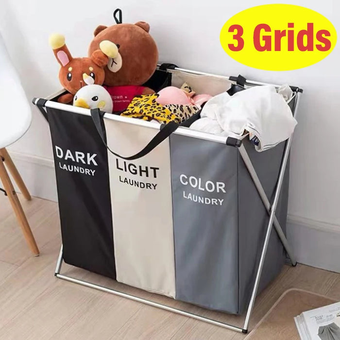 Foldable Laundry Basket with Aluminium Frame & 600D Oxford Fabric — 3‑Grid Large Capacity