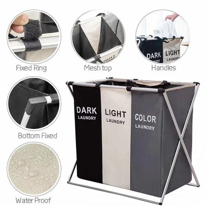 Foldable Laundry Basket with Aluminium Frame & 600D Oxford Fabric — 3‑Grid Large Capacity