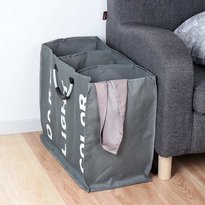 Foldable 3‑Section Laundry Hamper — Large Oxford Cloth with Aluminium Handle