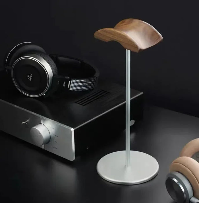 Black Walnut Wood and Aluminium Headphone Stand — Solid Metal Base Desk Headset Holder