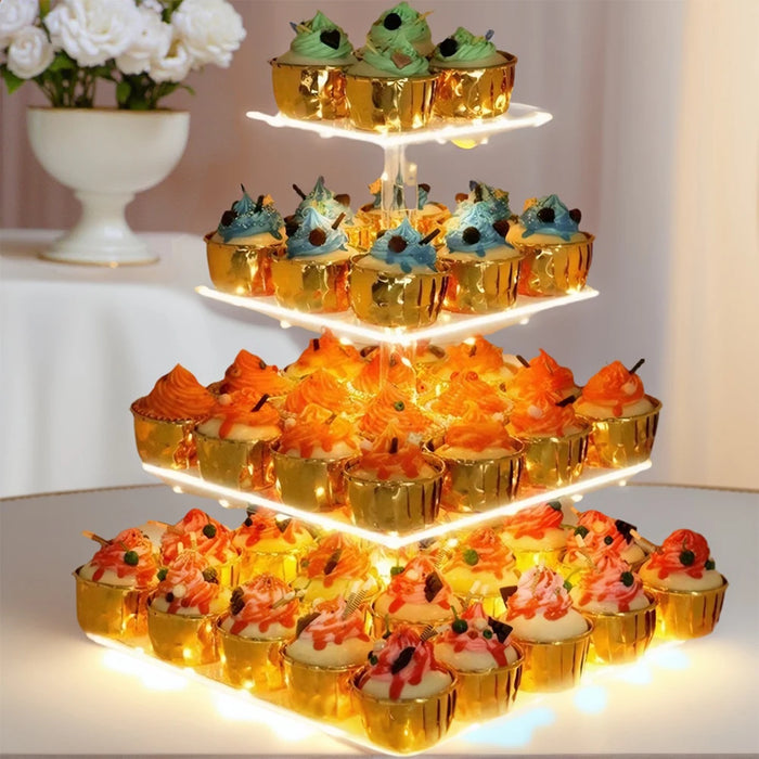 Acrylic 3/4-Tier Square Cake & Cupcake Stand with LED Lights