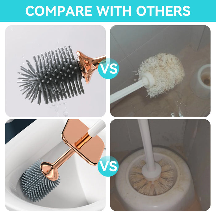 Aokala Silicone Toilet Brush & Holder — 40cm Long Handle, Wall or Floor Mount, Black or White with Rose Gold Trim