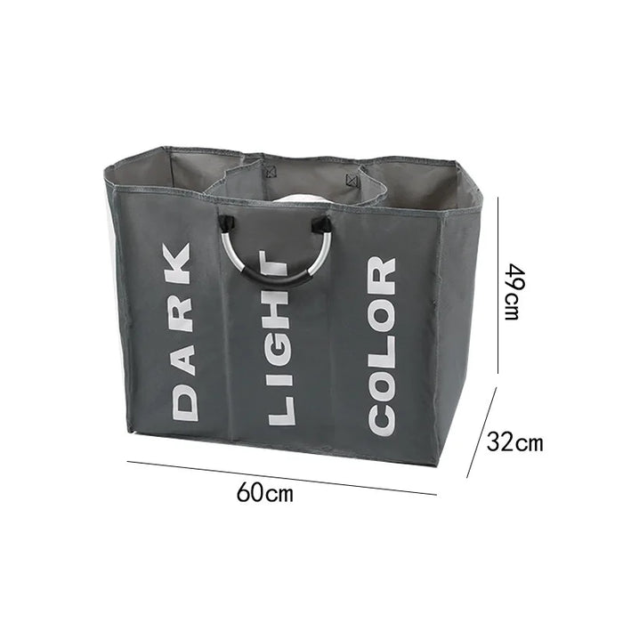 Foldable 3‑Section Laundry Hamper — Large Oxford Cloth with Aluminium Handle