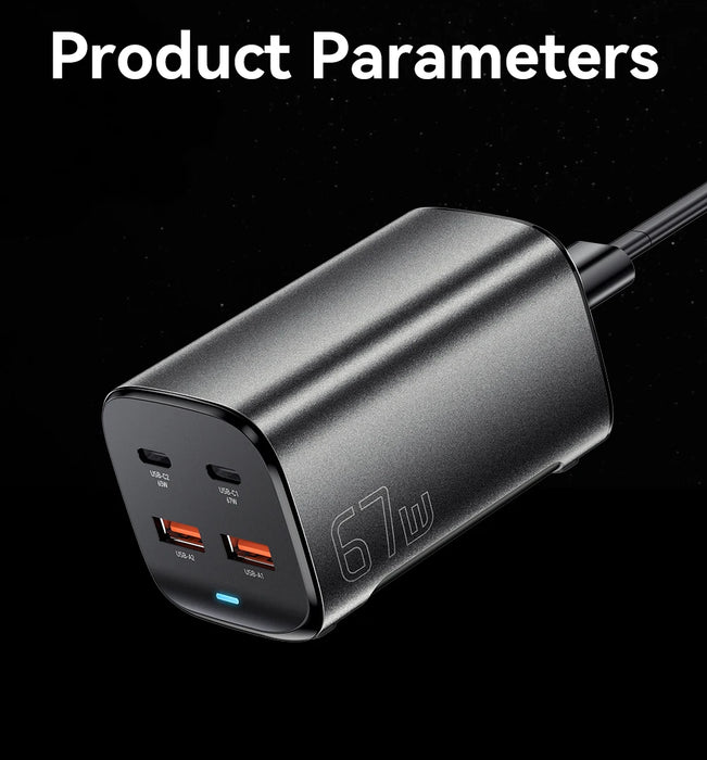 67W GaN USB‑C Desktop Charger — PD/QC Fast Charging, 2C+2A Ports for MacBook, Samsung, iPhone 15