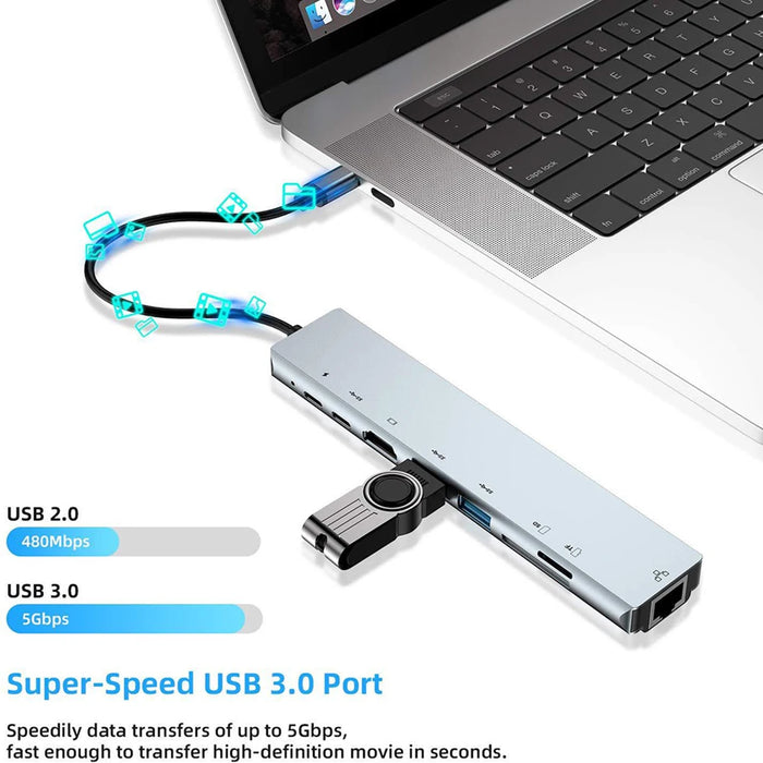 8‑in‑1 USB‑C Hub with 4K HDMI, PD 87W, USB 3.0, SD/TF Card Reader & RJ45