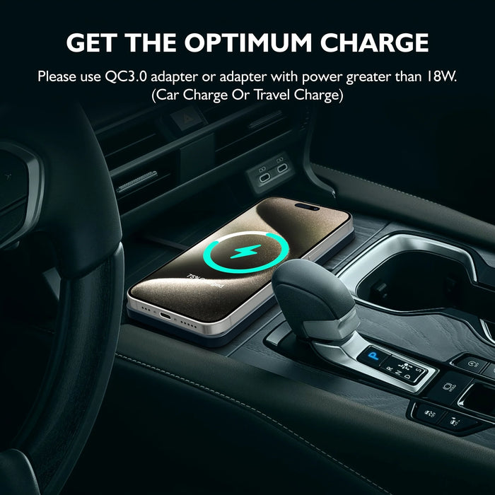 15W Qi Wireless Car Charger Pad with USB — QC3.0 Input, Compatible with iPhone 11–16 & Qi Devices
