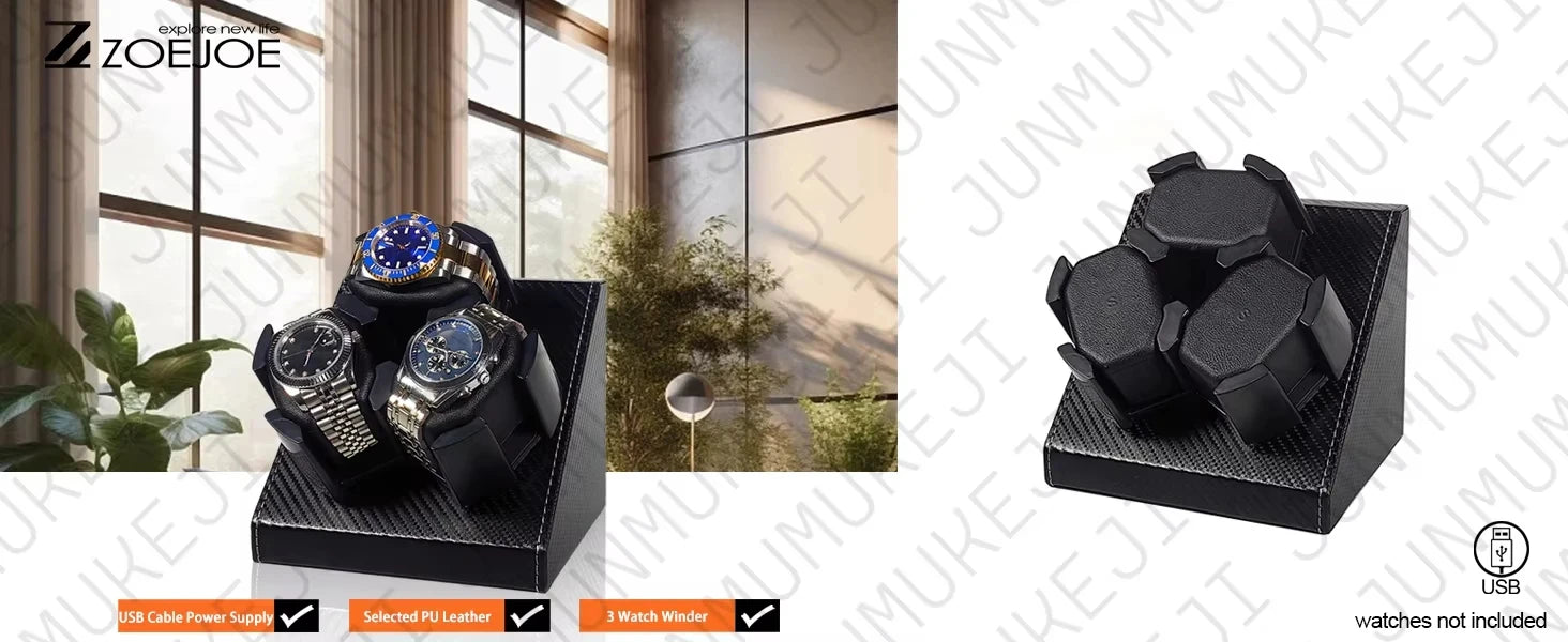 Watch Winder Box for 3 Automatic Watches – PU Leather, USB Powered