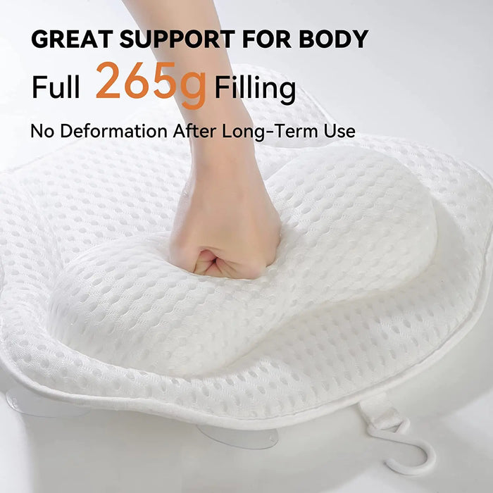 Bath Pillow for Neck & Back Support with Strong Suction Cups — Soft Spa Cushion (White)