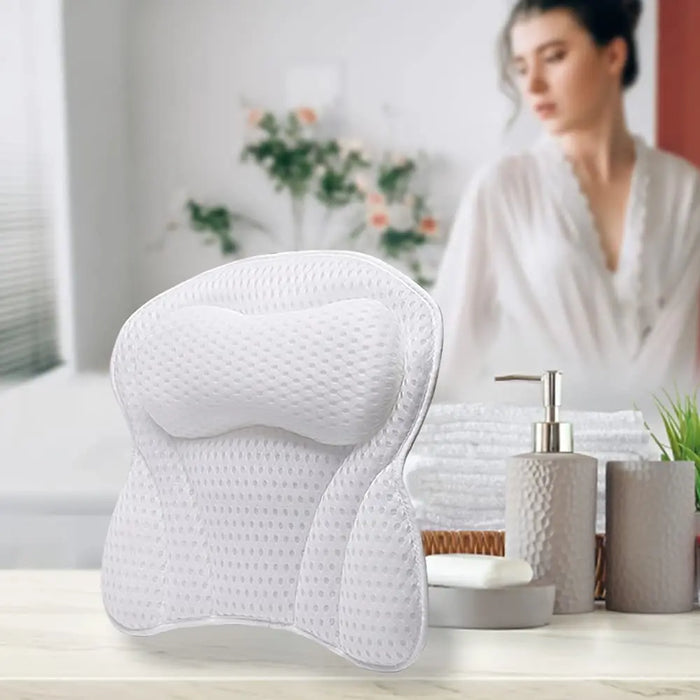 Bath Pillow for Neck & Back Support with Strong Suction Cups — Soft Spa Cushion (White)