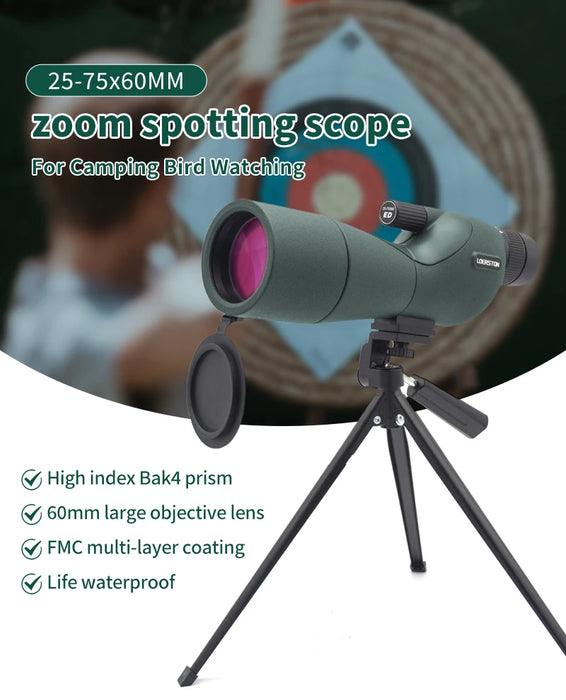 25–75x60 Zoom Spotting Scope — ED Lens & BAK4 Prism for Birdwatching and Outdoors