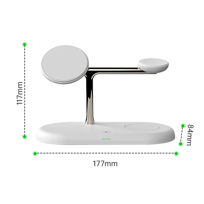 3-in-1 Magnetic Wireless Charger Stand for iPhone 12–17, Apple Watch Series 4–10 & AirPods (Qi)