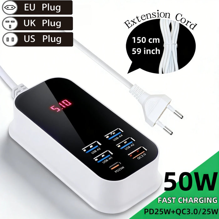 50W 6-Port USB Charger (5x USB-A + 1x USB-C) with PD, QC3.0 and LED Display
