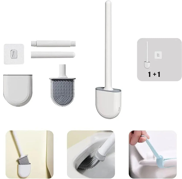 Wall-Mounted Silicone Toilet Brush Set — Easy Install, Long Handle with Portable Holder