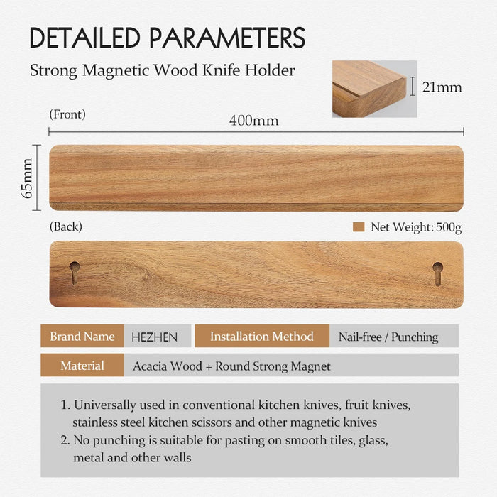 Magnetic Knife Holder 400mm — Acacia Wood Kitchen Rack (Holder Only)