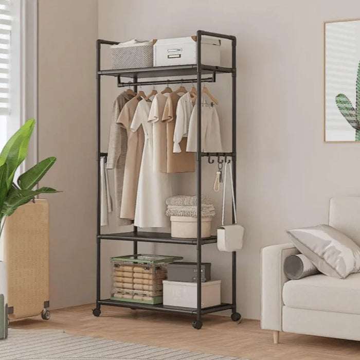 Clothing Storage Rack with Wheels, Hooks & Shelves — Freestanding Metal Organiser