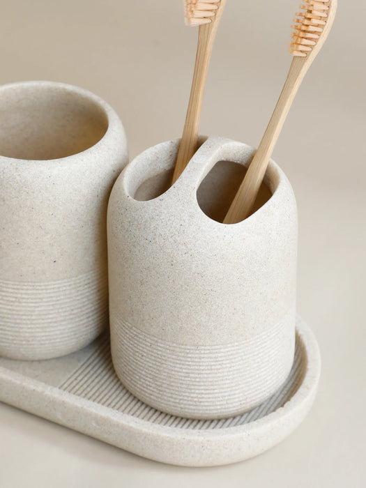 5-Piece Bathroom Accessory Set — Lotion Dispenser, Toothbrush Holder, Tumbler, Soap Dish & Tray (Beige or Grey)