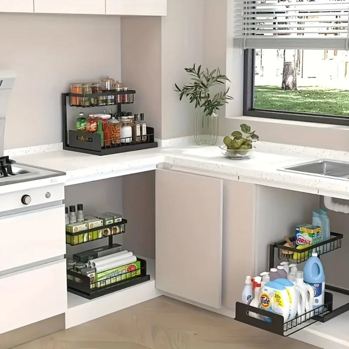 Double-Layer Pull-Out Under-Sink Shelf — Sliding Cabinet Storage for Kitchen & Bathroom