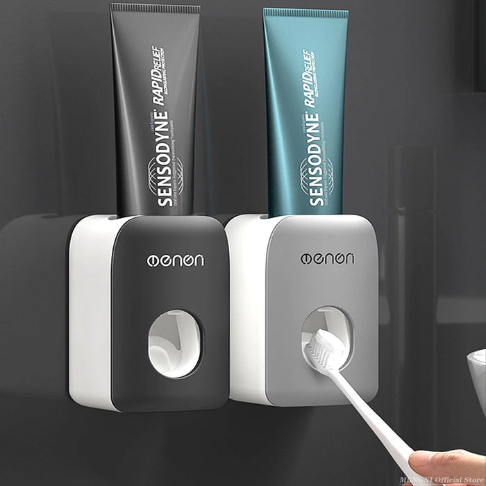 Automatic Toothpaste Dispenser & Dust‑Proof Toothbrush Holder — Wall‑Mount Squeezer Bathroom Set