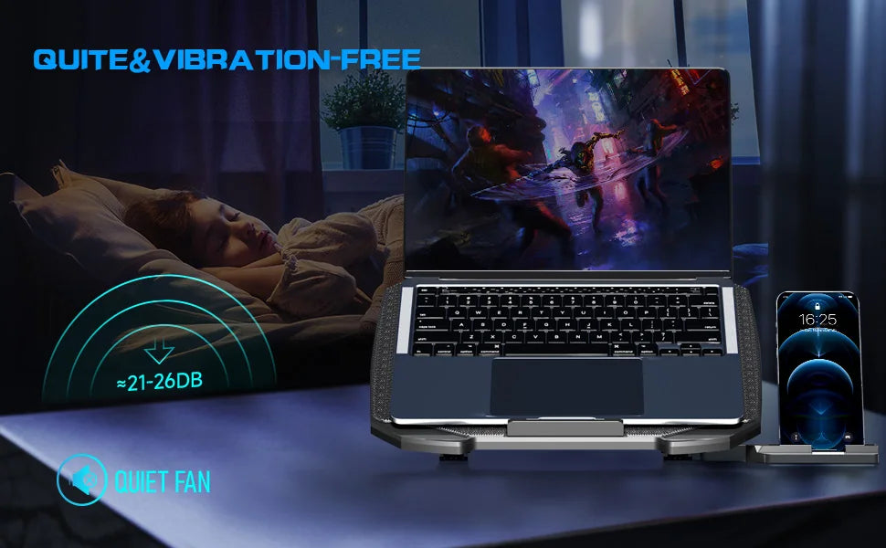 Laptop Cooling Pad 12–17 inch — 5 Quiet Fans, Adjustable Angles & Phone Holder