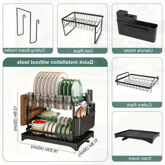 Double-layer Stainless Steel Kitchen Drain Rack for Tableware, Chopsticks and Cutting Boards (White or Black)