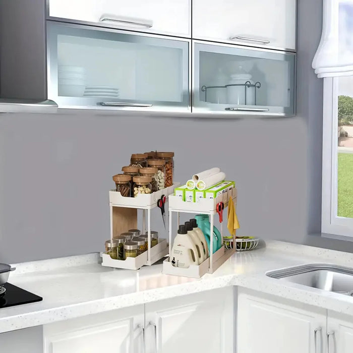 Double-Layer Pull-Out Storage Rack with 5 Hooks — PP Drawer Organiser for Kitchen & Bathroom