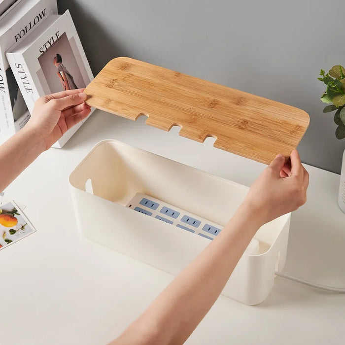 Cable Management Box with Bamboo Cover — Hide Power Strips & Desk Wires