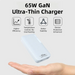 PD 65W Ultra-thin GaN Dual-Port Travel Charger with US/EU/UK/KR Interchangeable Plugs