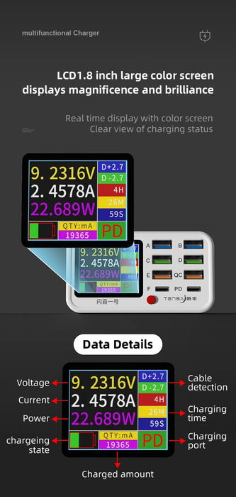 8-Port Wireless Fast Charging Station — 15W Wireless, 65W Total, PD & QC