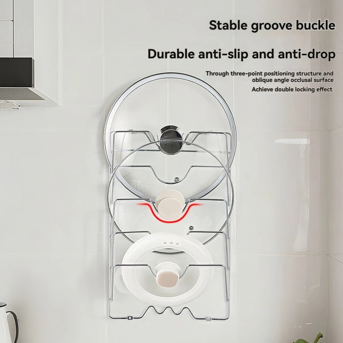 Wall-Mounted Pot Lid Rack — 5-Tier Chrome Pot Lid Holder