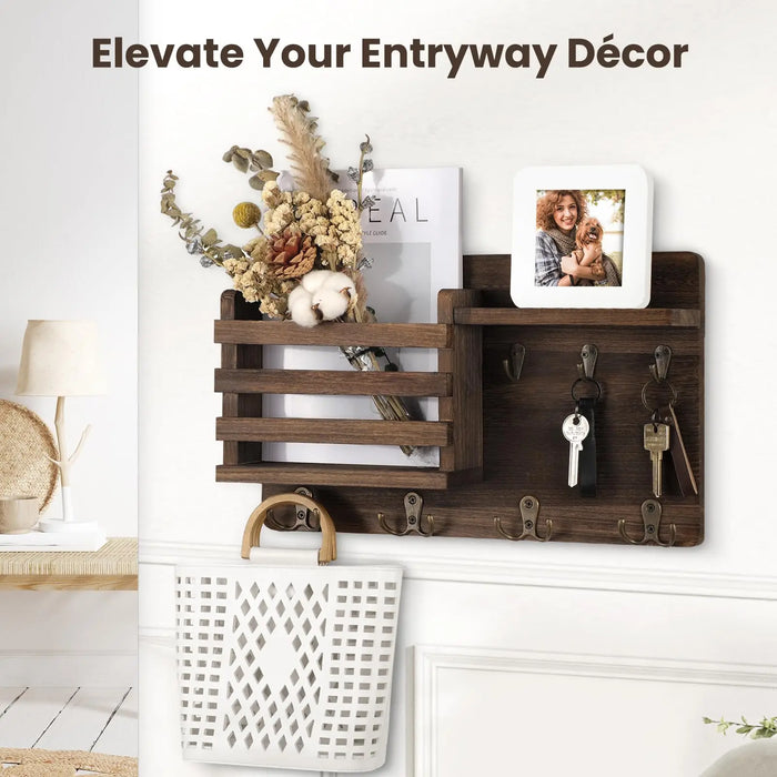 Rustic Wood Wall Mail Organiser with Key Hooks and Floating Shelf