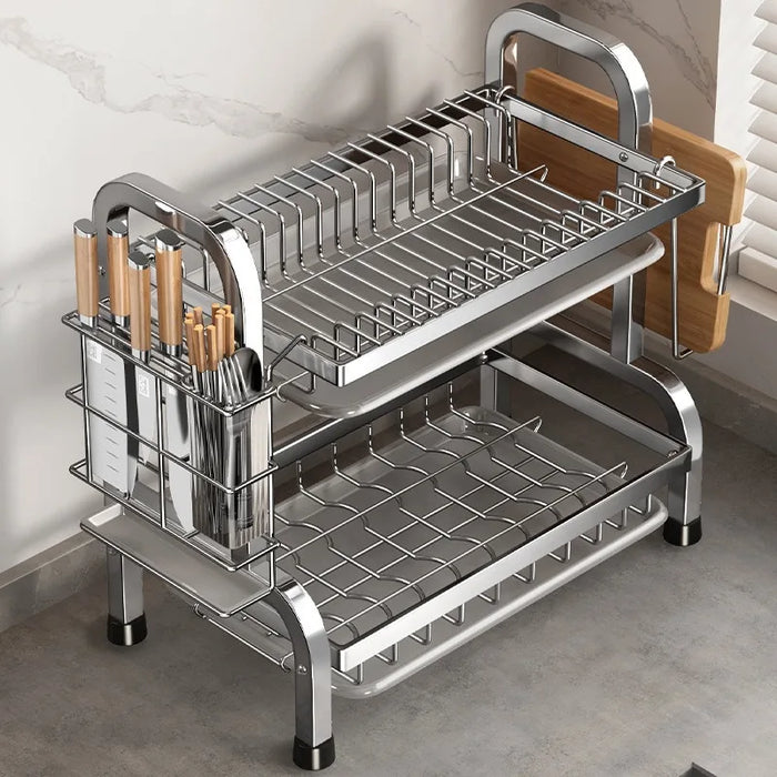 Compact Dish Drying Rack with Drainboard and Utensil Holder – Rust‑Proof Metal