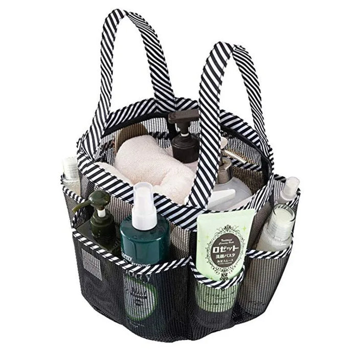 Mesh Shower Caddy Tote – Portable Bathroom & College Organiser, 8-pocket, Oxford Handles, Black