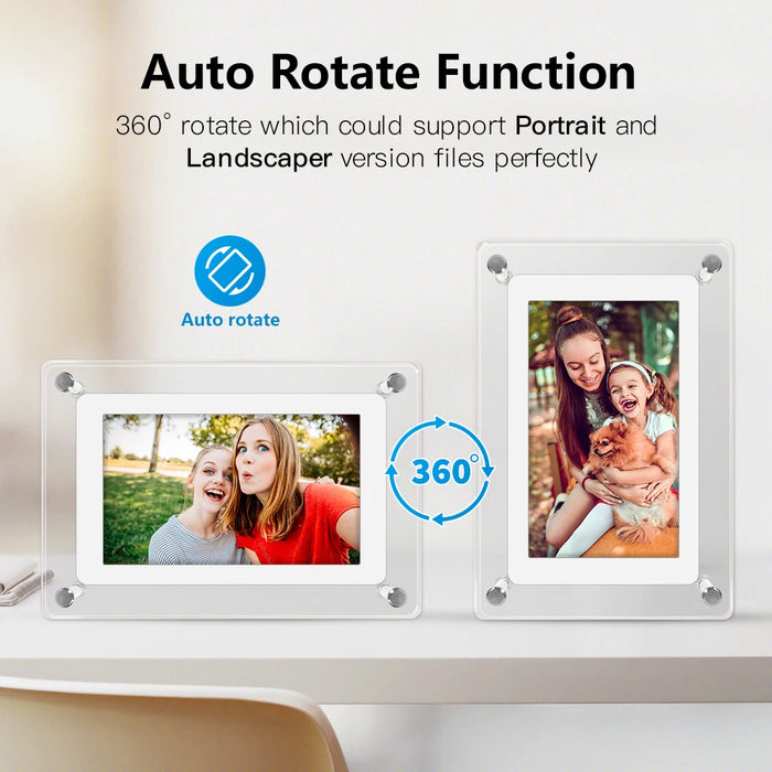 Acrylic Digital Photo Frame 5" & 7" IPS — 4GB Built‑in, Rechargeable, Auto‑Rotate