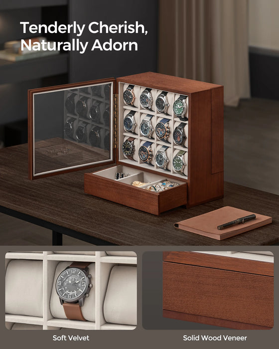 12-Slot Wooden Watch Display Case with Drawers — Coffee Brown