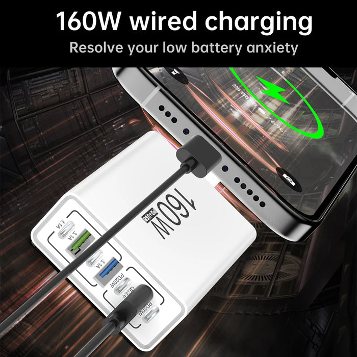7-in-1 160W USB Charging Station – PD Type-C & USB-A, EU/US Plug, iPhone/Samsung/Xiaomi Compatible