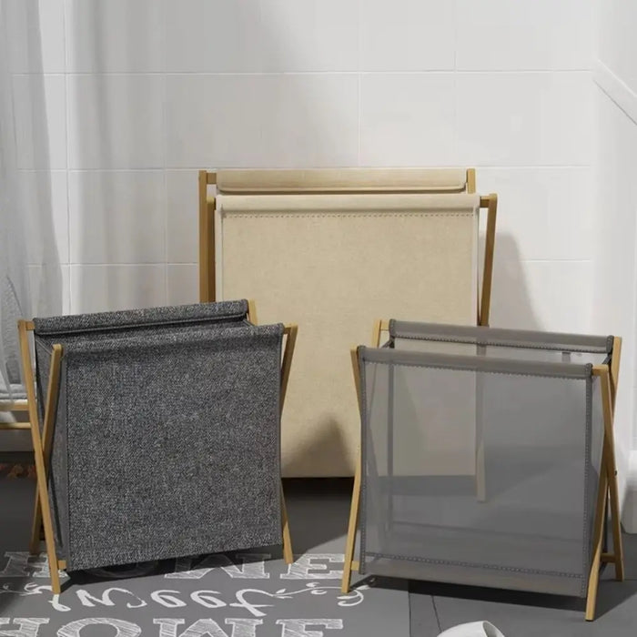 Foldable Laundry Basket with Bamboo Frame — Cotton‑Linen Hamper 40×30×38cm