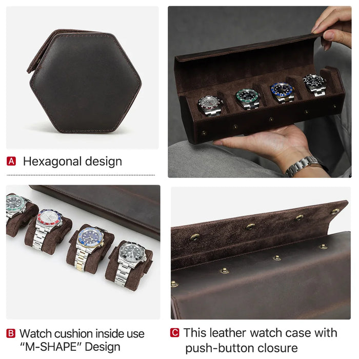 Vintage Genuine Leather Watch Roll Travel Case — 1/2/3/4/6/8 Slot Organiser