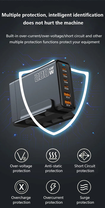 200W GaN 5‑Port USB‑C Fast Charger — Desktop Hub for MacBook Pro/Air & iPad Pro