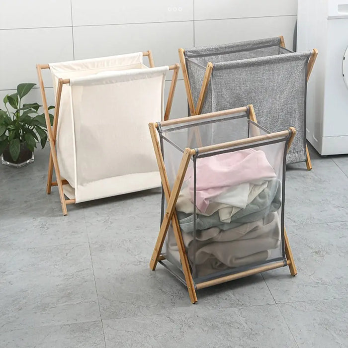 Foldable Laundry Basket with Bamboo Frame — Cotton‑Linen Hamper 40×30×38cm