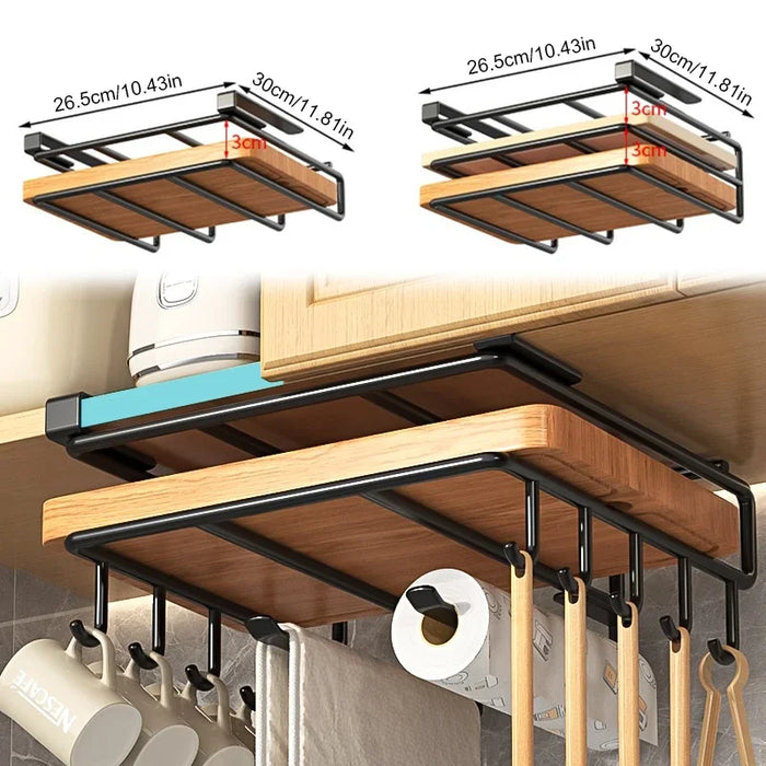Under‑Cupboard Hanging Kitchen Rack with Hooks for Cutting Boards, Paper Towels & Lids