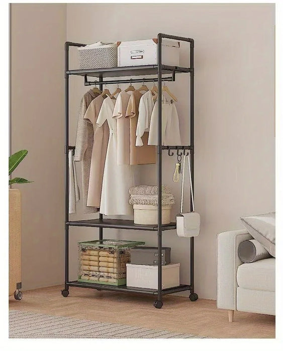 Clothing Storage Rack with Wheels, Hooks & Shelves — Freestanding Metal Organiser
